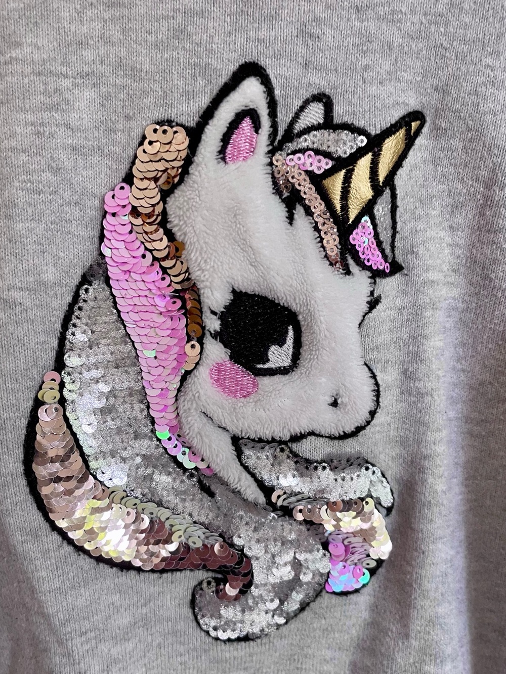 $6 💥Flip Sequins & Plush Unicorn Fine-Knit Cotton Sweater, Silver Pink Gold